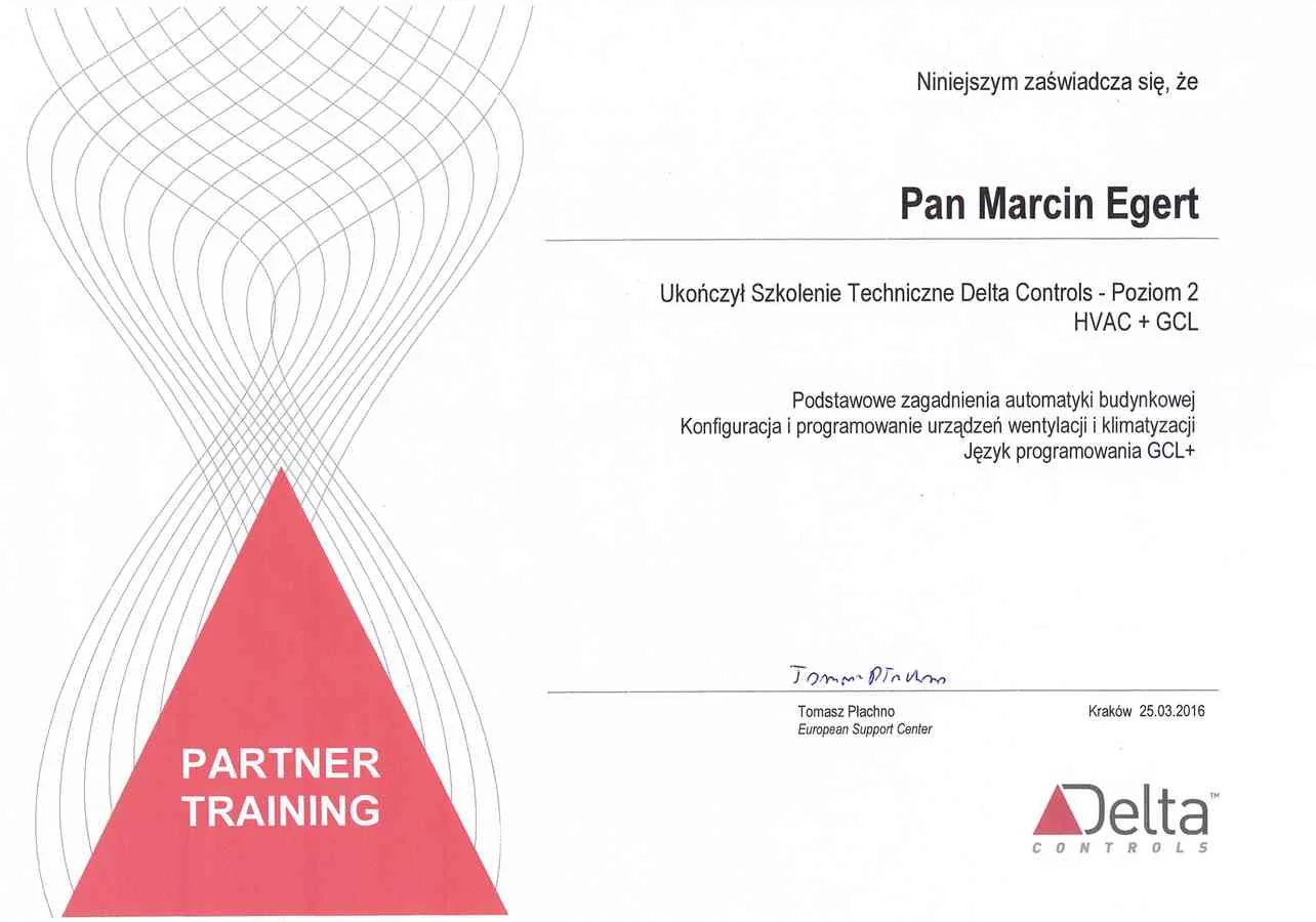 Certyfikat Delta Controls 2016 - Szkolenie Techniczne Poziom 2 (Marcin Egert)