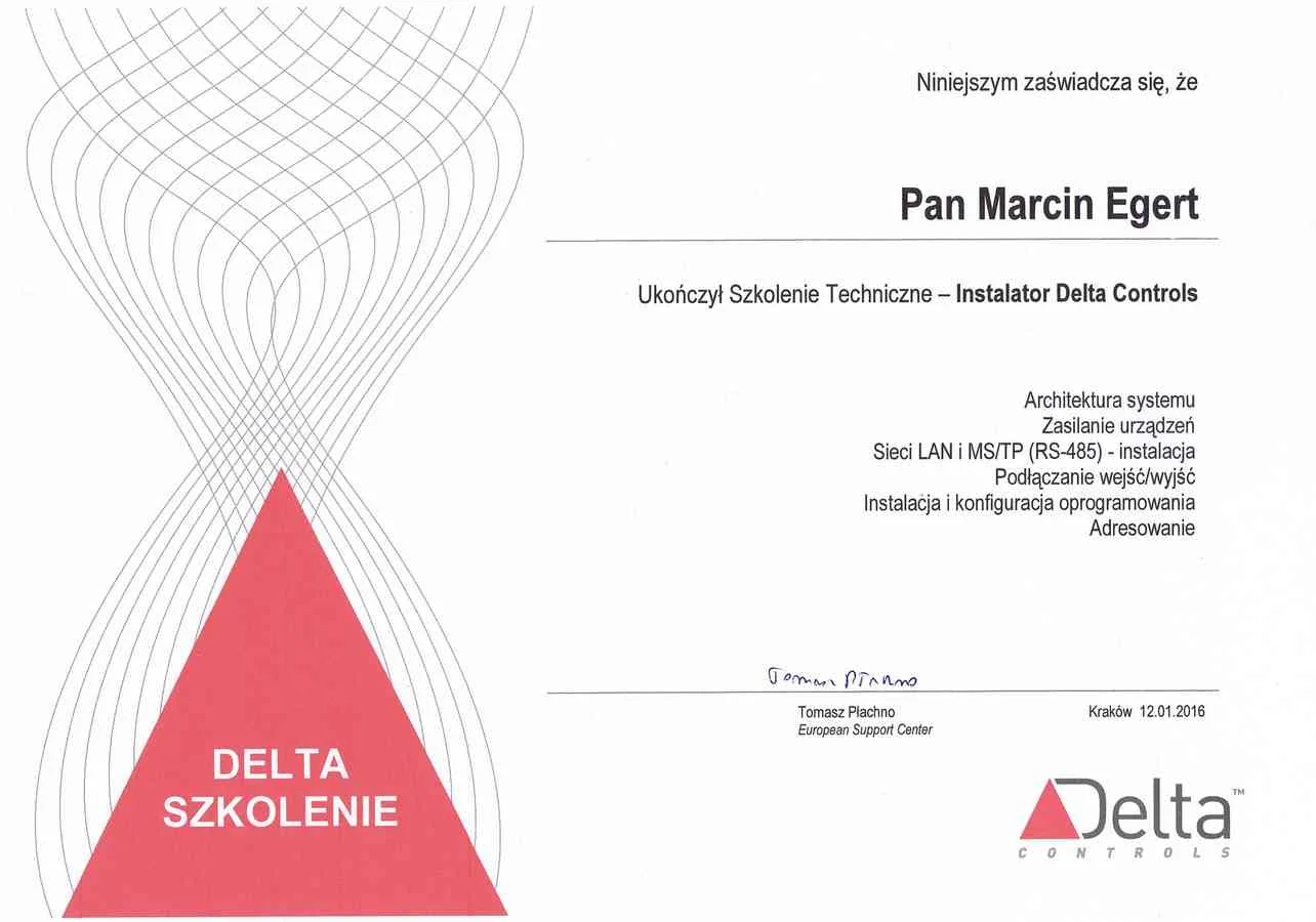 Certyfikat Delta Controls 2016 - Szkolenie Techniczne Instalator Delta Controls (Marcin Egert)