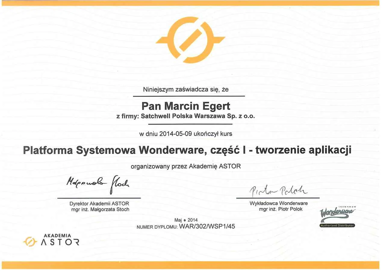 Certyfikat - Platforma Systemowa Wonderware