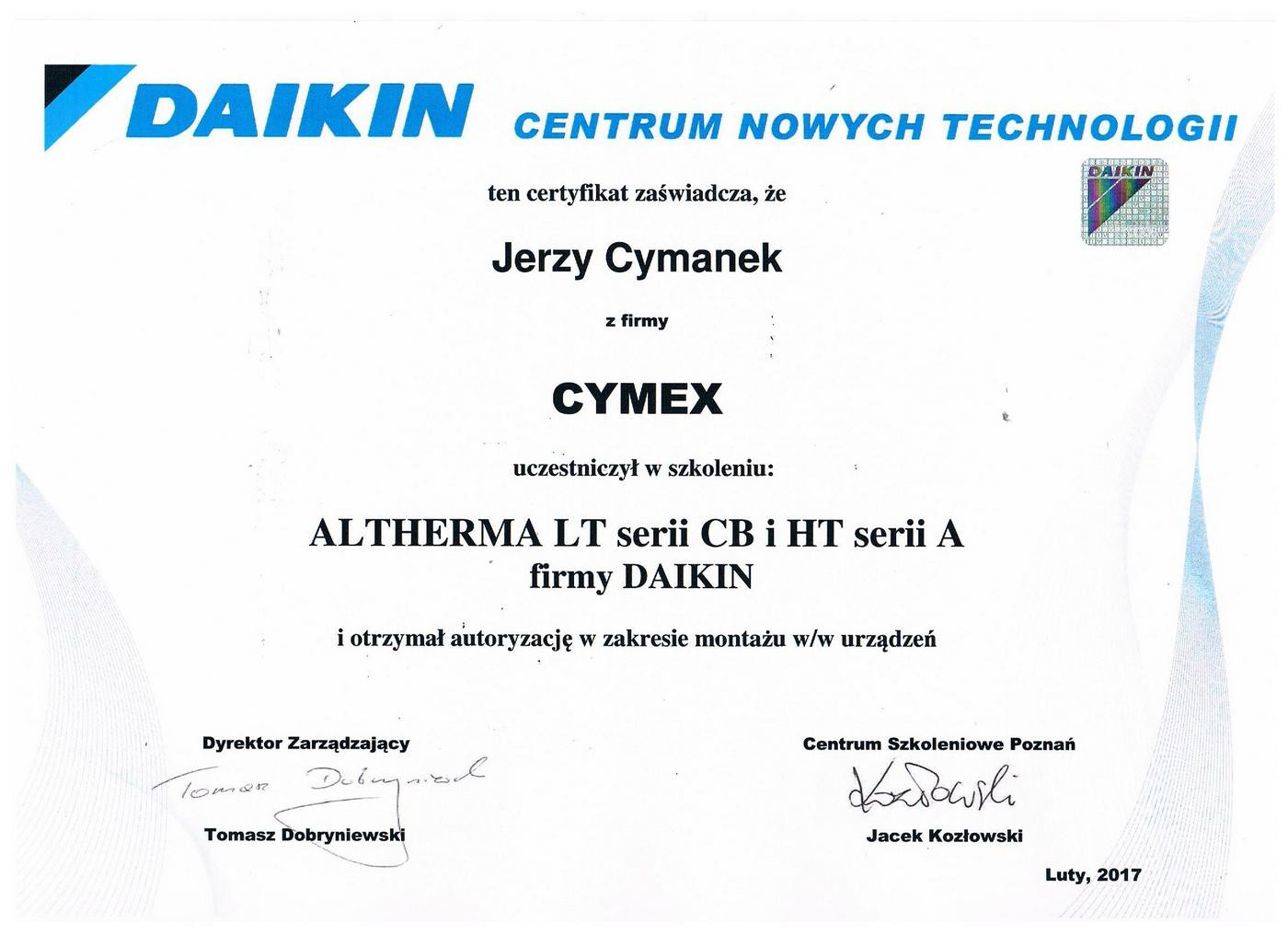 Certyfikat Daikin 2017