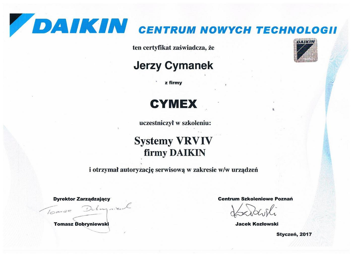 Certyfikat Daikin - Systemy VRVIV