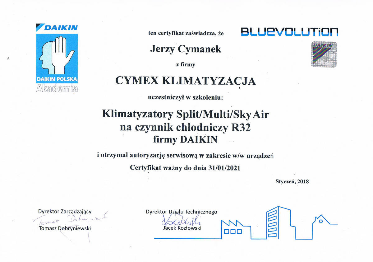 Certyfikat Daikin - Klimatyzatory Split Multi/Sky Air na czynnik chłodniczy R32 2018