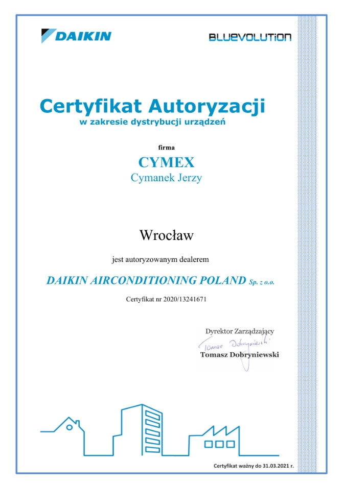 Certyfikat Autoryzacji w zakresie dystrybucji urządzeń DAIKIN 2019