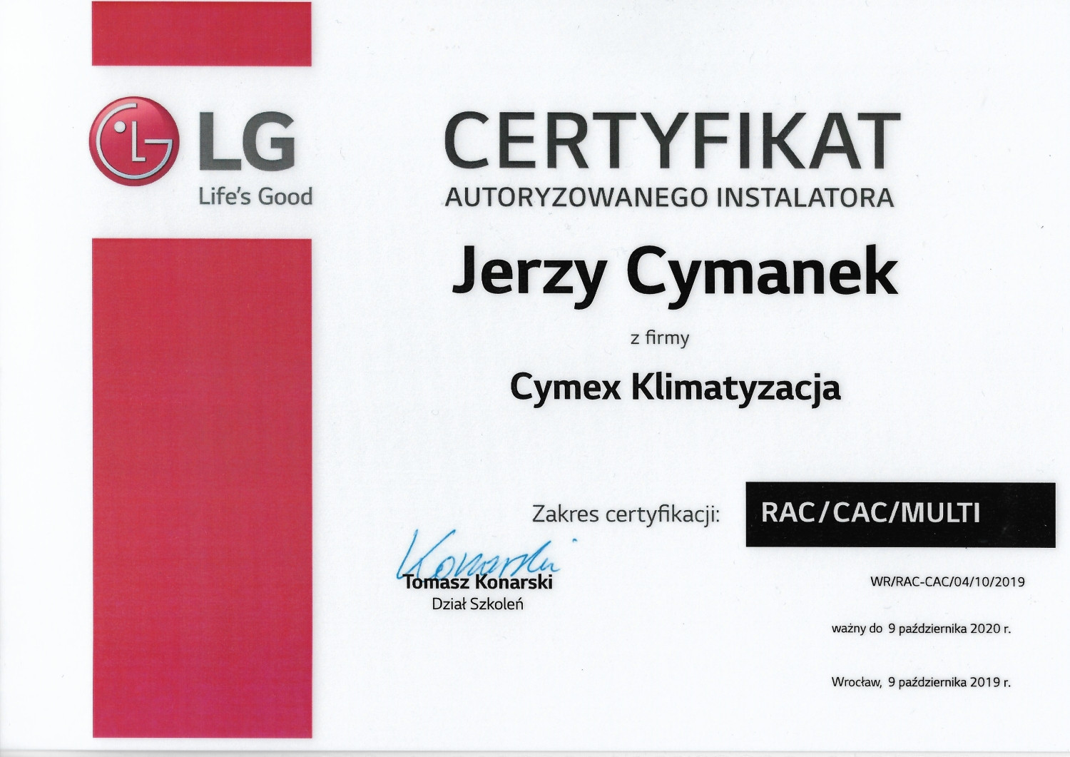 Certyfikat Autoryzowanego Instalatora LG 2019