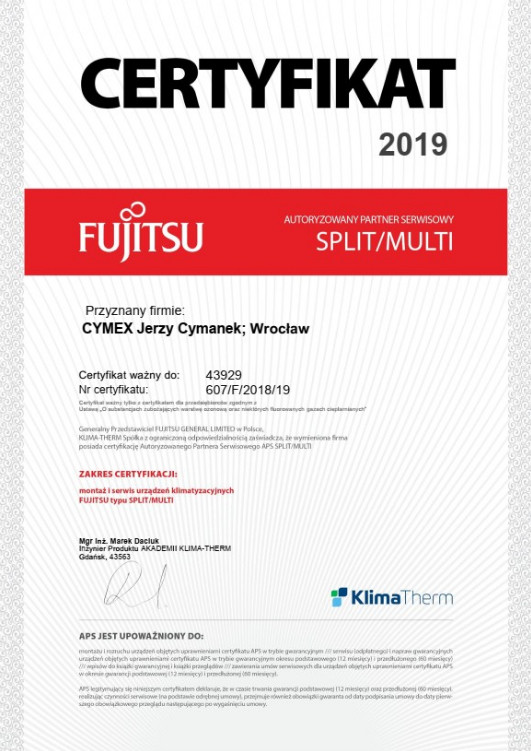 Certyfikat FUJITSU 2019