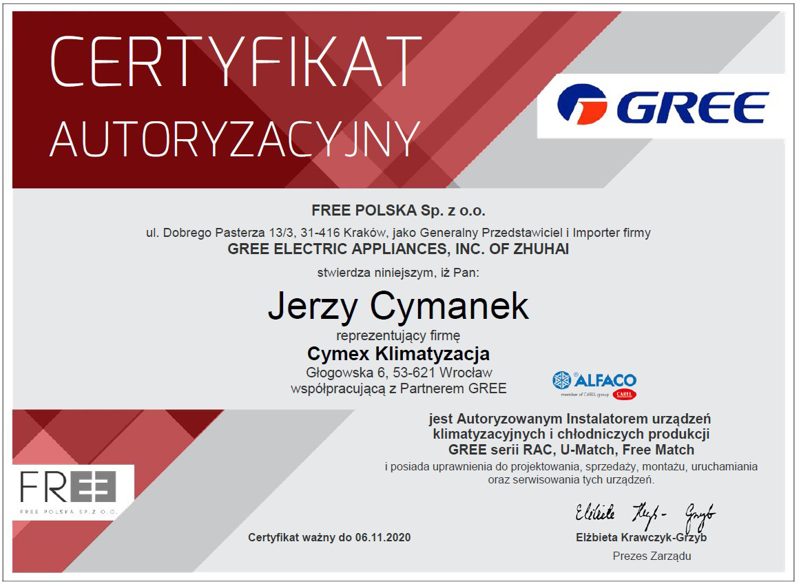 Certyfikat Autoryzacyjny GREE ELECTRIC APPLIANCES 2020