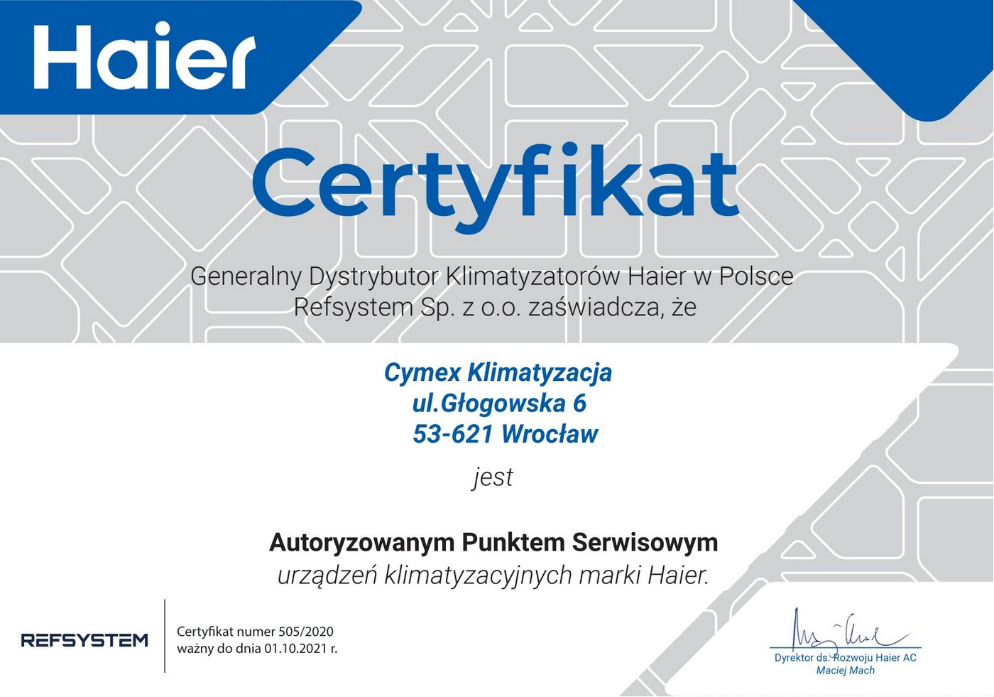 Certyfikat HAIER 2020