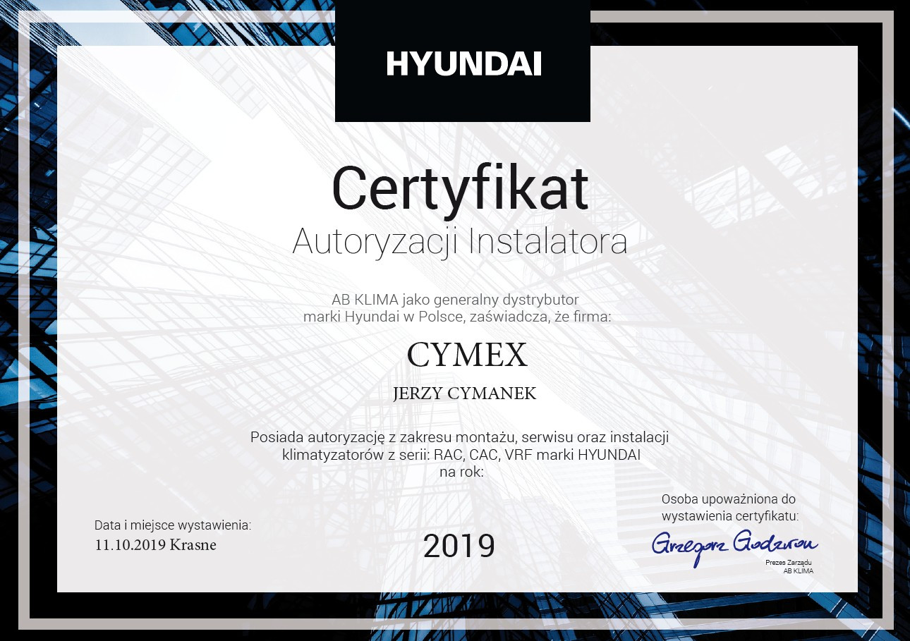 Certyfikat Autoryzacji Instalatora HYUNDAI 2019