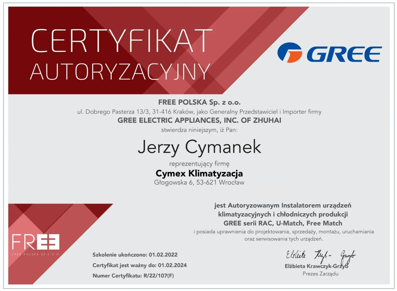 Certyfikat Autoryzacyjny GREE ELECTRIC APPLIANCES 2022