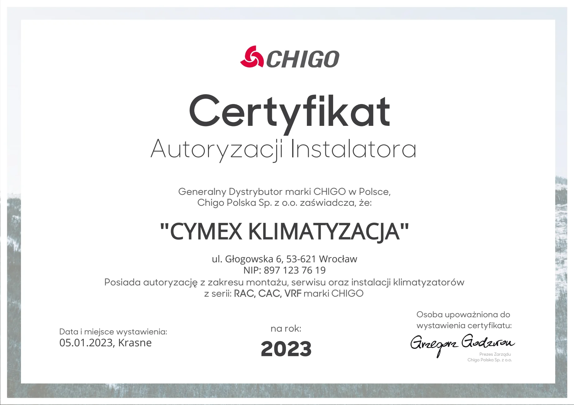 Certyfikat CHIGO (2023)