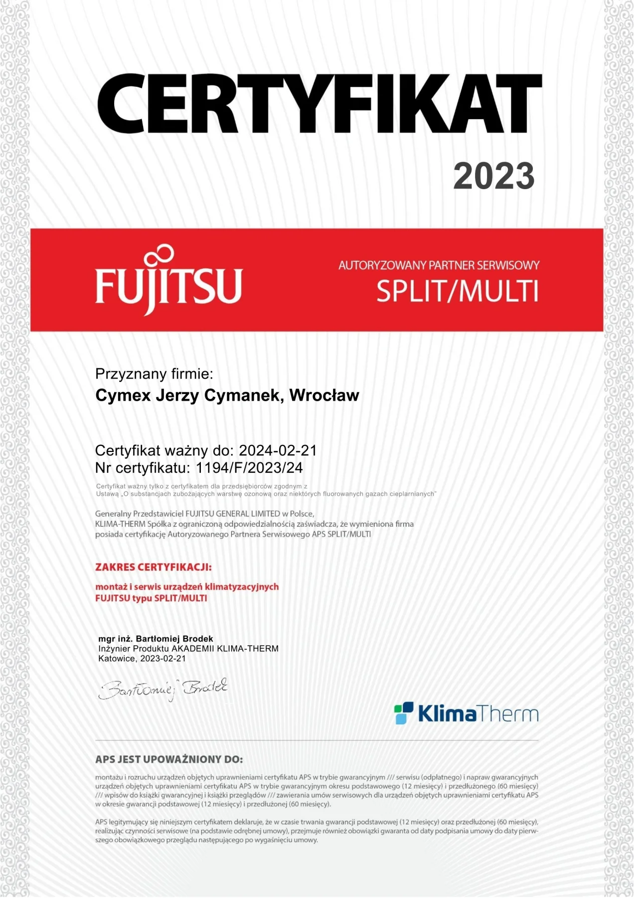 Certyfikat FUJITSU 2023