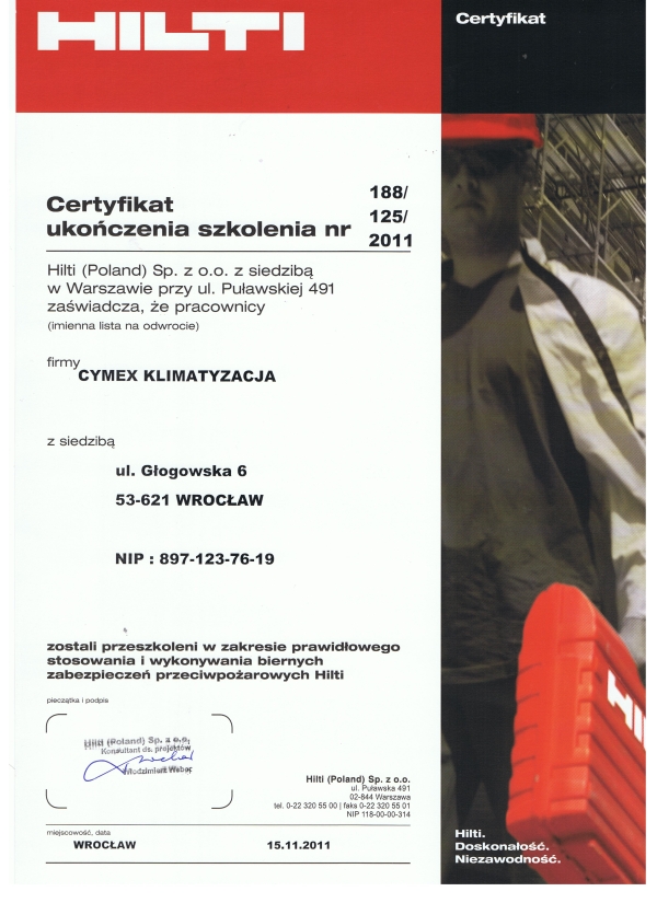 Certyfikat Zabezpieczeń Przeciwpożarowych HILTI - klimatyzacja i wentylacja, Cymex