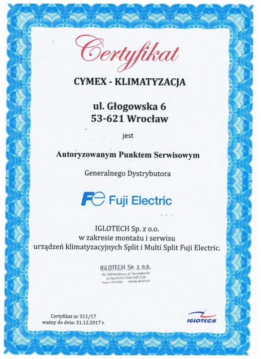 Certyfikat FUJI Electric firmy Cymex