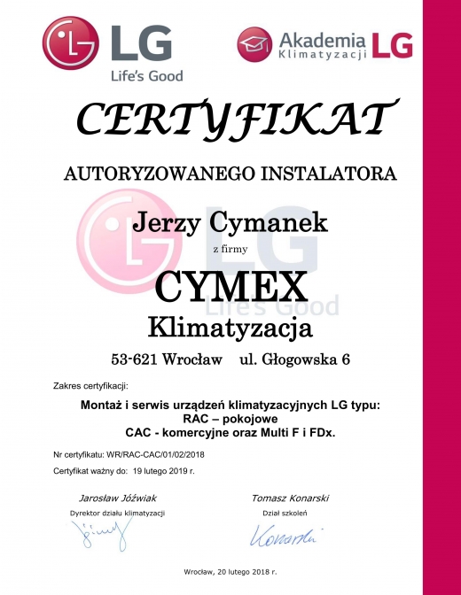 Certyfikat LG - Autoryzowany Instalator 2018 Cymex