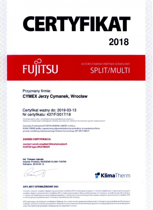 Certyfikat FUJITSU 2018 Cymex