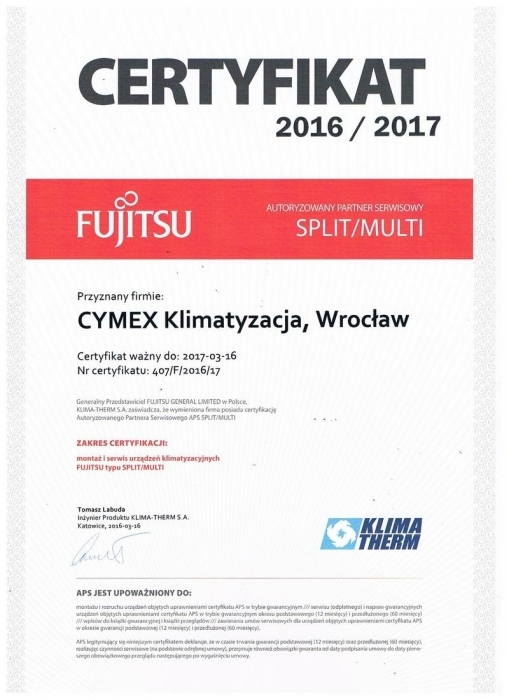 Certyfikat FUJITSU firmy Cymex