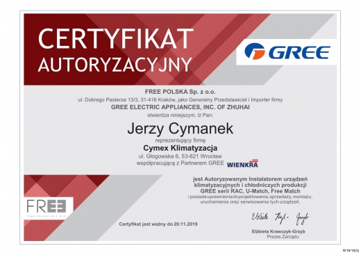 Certyfikat Autoryzacyjny GREE ELECTRIC APPLIANCES dla Cymex