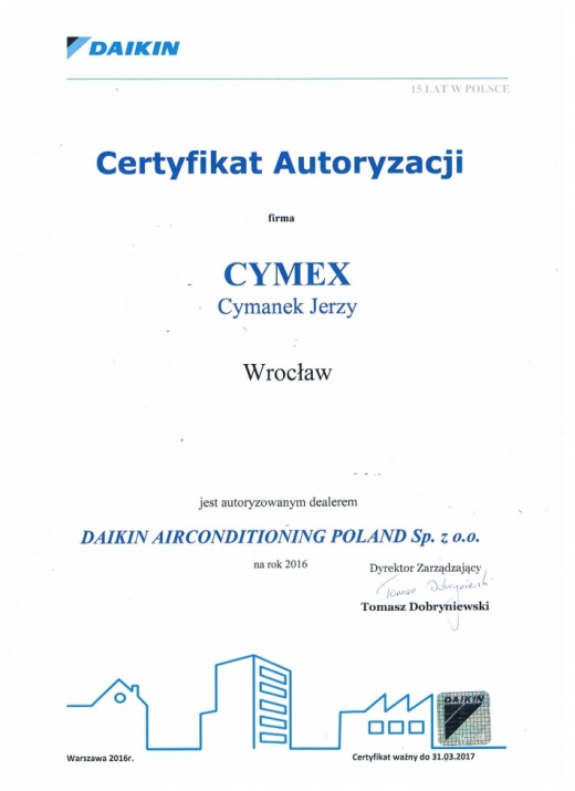 Certyfikat DAIKIN (Autoryzowany Dealer) Cymex