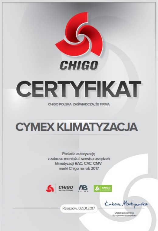 Certyfikat CHIGO firmy Cymex