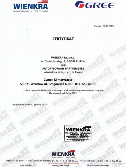 Certyfikat GREE Cymex