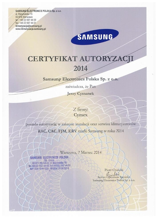 Certyfikat Autoryzacji 2014 - Samsung Electronics Polska, Cymex
