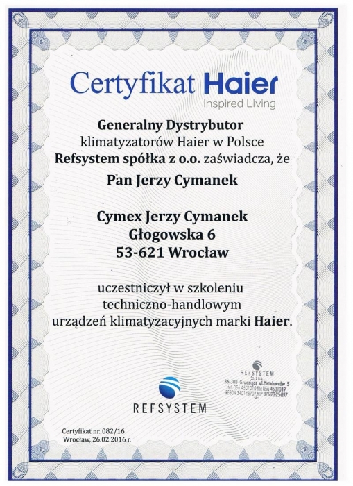 Certyfikat HAIER firmy Cymex