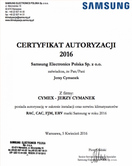 Certyfikat SAMSUNG ELECTRONICS firmy Cymex