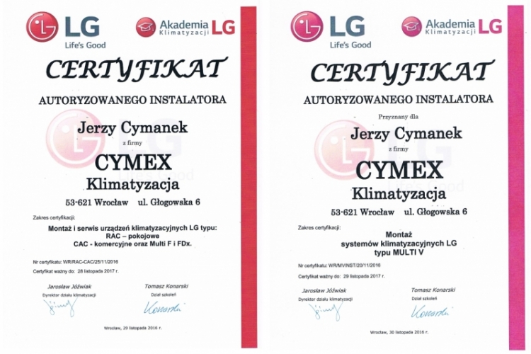 Certyfikat LG (montaż i serwis LG typu: Multi V, RAC, CAC) Cymex