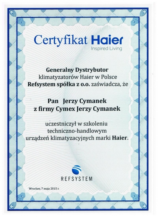Certyfikat HAIER Cymex