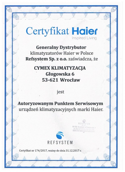 Certyfikat Haier - Autoryzowany Punkt Serwisowy 2017 Cym ex