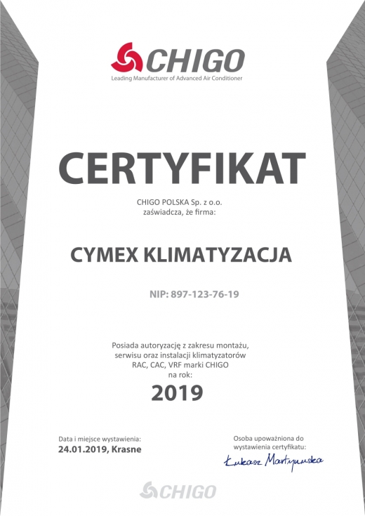 Certyfikat CHIGO 2019 dla Cymex