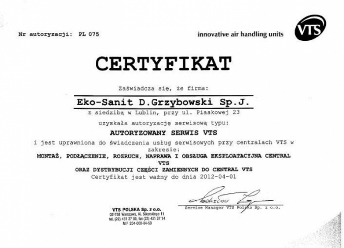 Autoryzowany Serwis firmy VTS POLSKA Sp. z o.o. Eko-Sanit Sp. z o.o. Sp.k.
