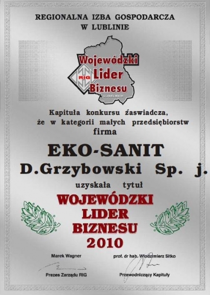 Wojewódzki Lider Biznesu 2010 Eko-Sanit Sp. z o.o. Sp.k.