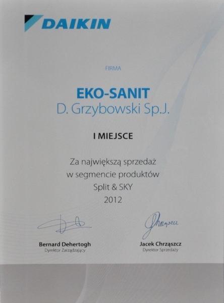 I miejsce za największą sprzedaż w segmencie produktów Split & SKY 2012 DAIKIN Eko-Sanit Sp. z o.o. Sp.k.
