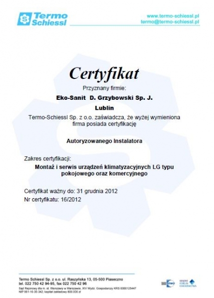 Certyfikat Autoryzowanego Instalatora Termo Schiessl Eko-Sanit Sp. z o.o. Sp.k.