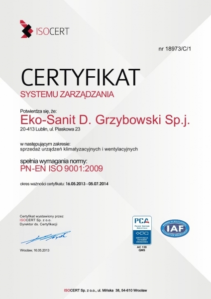Certyfikat PN-EN ISO 9001:2009 Eko-Sanit Sp. z o.o. Sp.k.