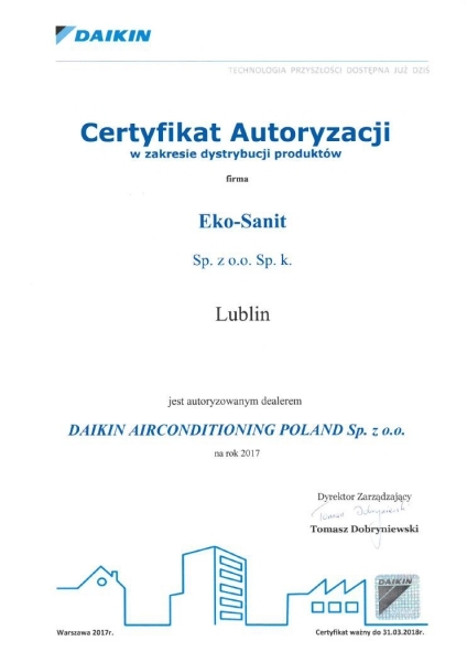 Certyfikat Autoryzacji w zakresie dystrybucji produktów DAIKIN Eko-Sanit Sp. z o.o. Sp.k.