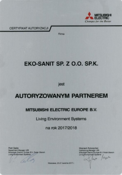 Certyfikat Autoryzacji 2017/2018 MITSUBISHI ELECTRIC Eko-Sanit Sp. z o.o. Sp.k.