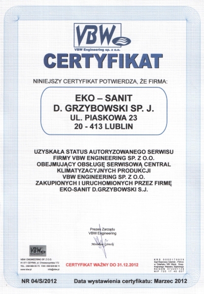 Autoryzowany Serwis firmy VMW ENGINEERING SP. Z O.O. Eko-Sanit Sp. z o.o. Sp.k.