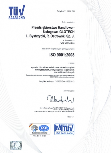 Certyfikat ISO 9001 firmy IGLOTECH