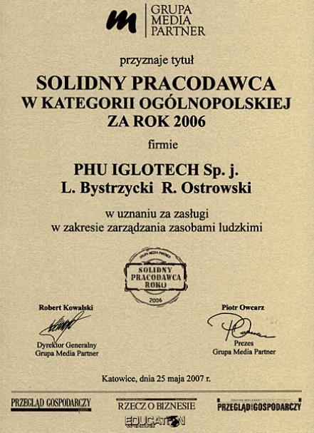 Nagroda Solidny pracodawca 2006 dla firmy IGLOTECH