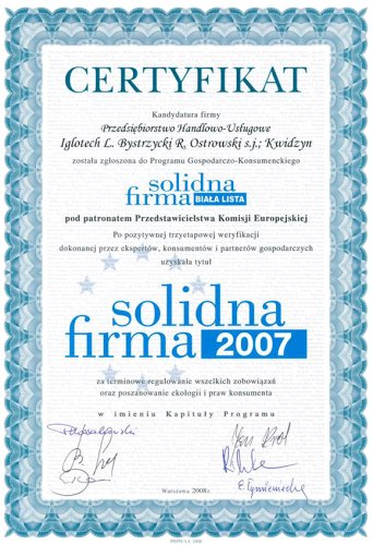 Certyfikat Solidna Firma 2007 dla firmy IGLOTECH