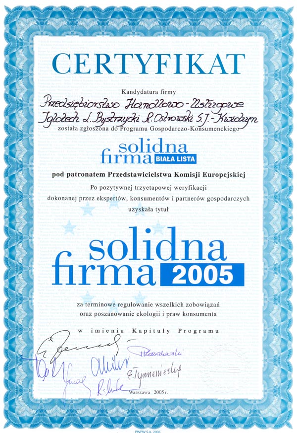 Certyfikat Solidna Firma 2005 IGLOTECH
