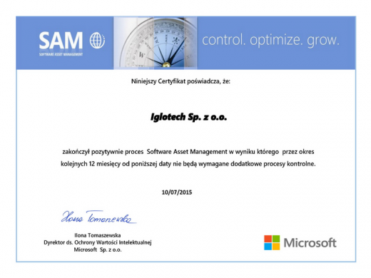 Certyfikat Microsoft - proces Software Asset Management dla Iglotech