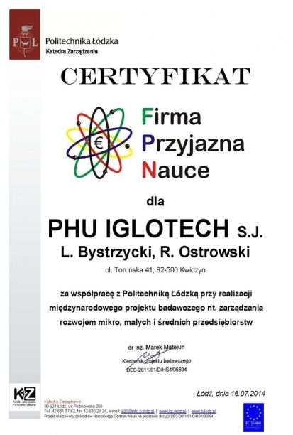 Certyfikat Firma Przyjazna Nauce Iglotech