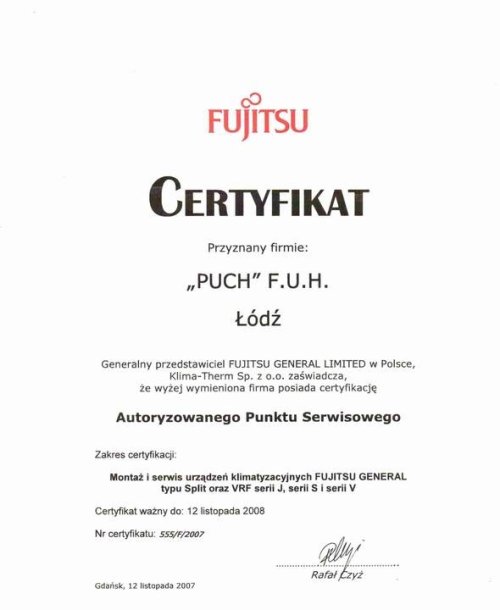 Certyfikat Autoryzowanego Punktu Serwisowego, PUCH