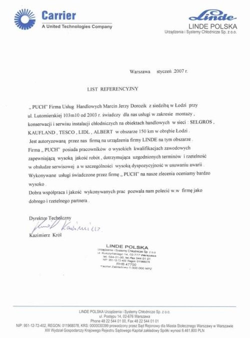 List referencyjny, Linde Polska, PUCH