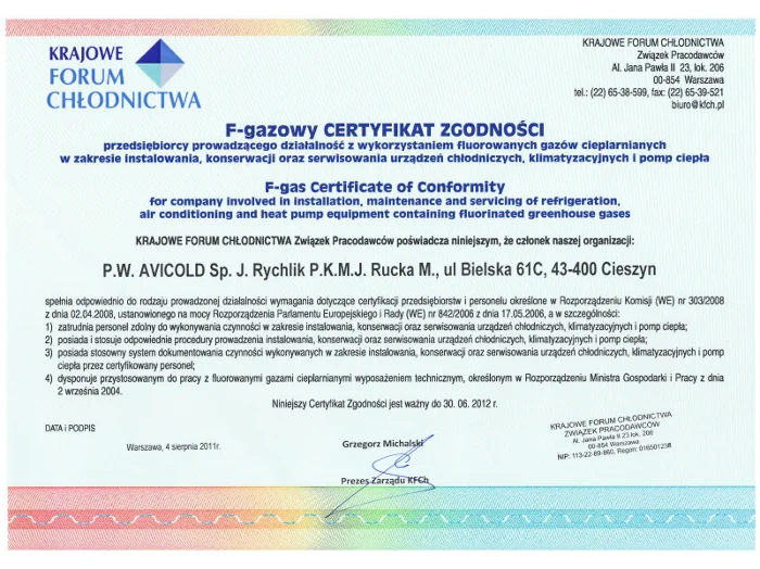F-gazowy Certyfikat Zgodności, Krajowe Centrum Chłodnictwa, Avicold