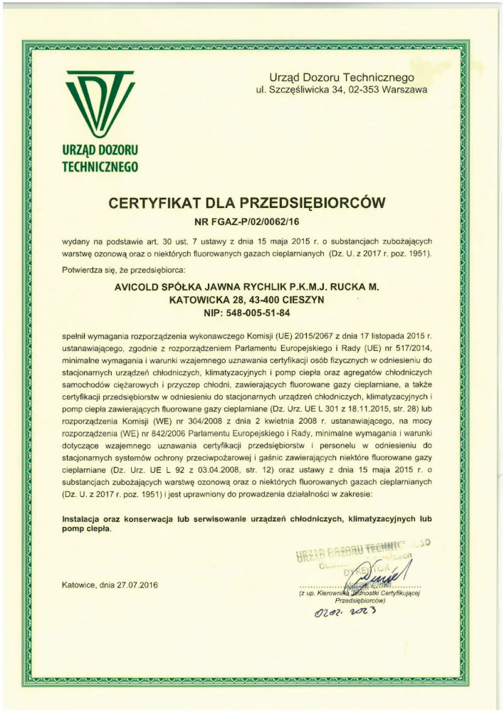 Certyfikat dla przedsiębiorców Nr FGAZ-P/02/0062/16 (2016)