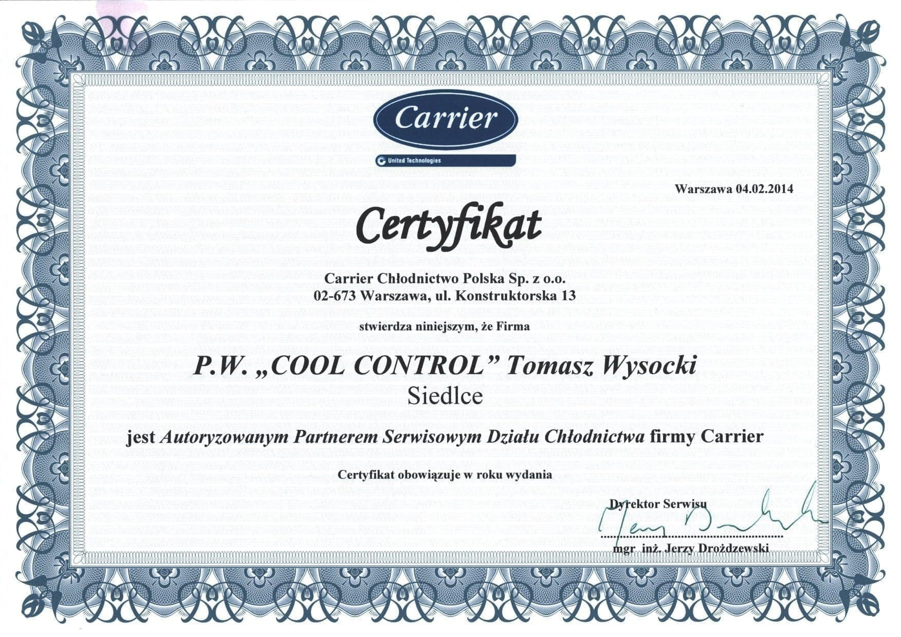 Certyfikat Carrier 2014